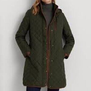 RALPH LAUREN Olive Green Quilted Diamond Riding Coat w Removable Hood SZ M